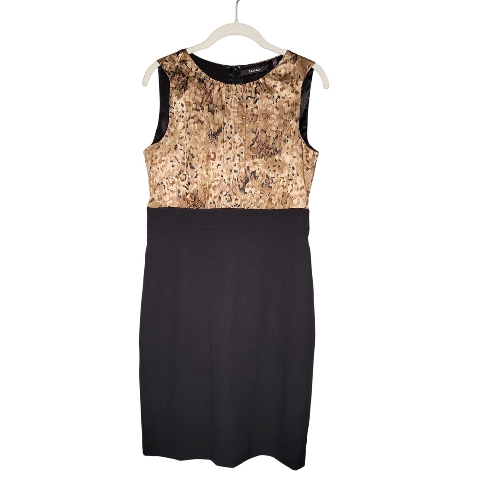 Tahari Black‎ Sheath Dress Women's Size 6 US Beige Gold Print Sleeveless Knee